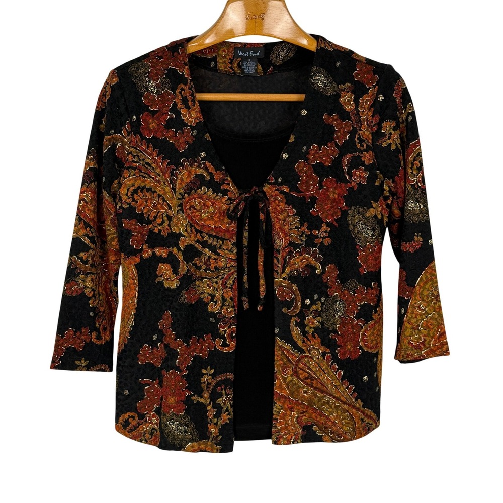 West End Women's S Paisley Top Black Orange Gold Metallic Tie Front Layered Boho